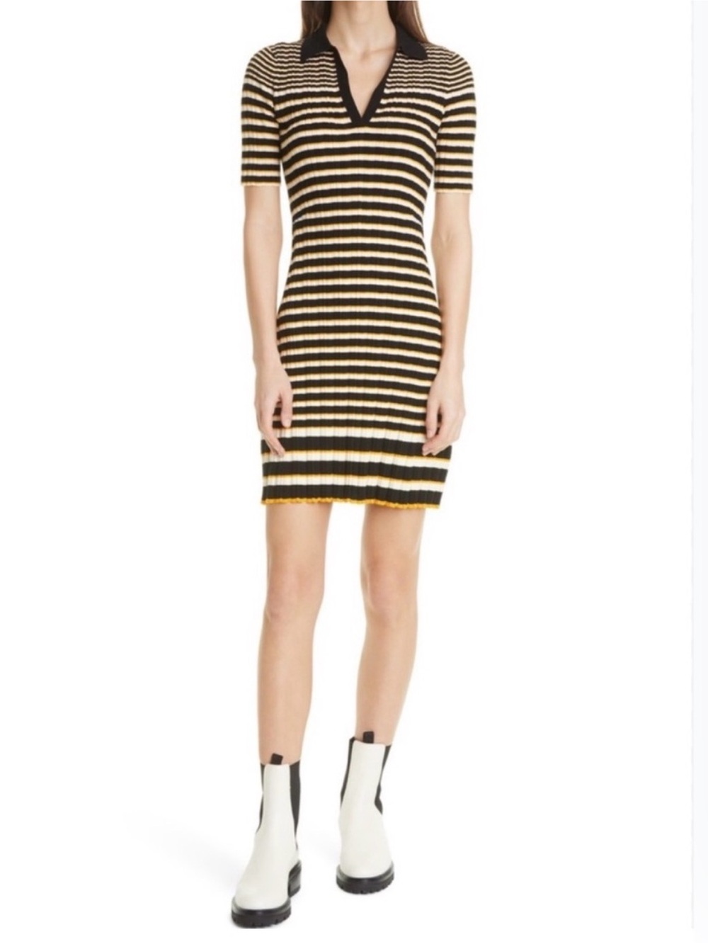 Theory Black and Yellow Striped Knit Polo Dress